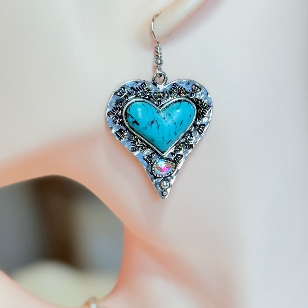 Western Silver Heart Earrings with Turquoise - Picture 4 of 11